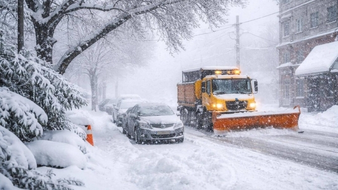 Через рясний сніг у Львові звечора працює снігоприбиральна техніка
